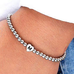 Brass Beaded Stretch Bracelets, Heart Charm Jewely for Women, Letter M, 7-7/8 inch(20cm)(PW-WG8E5C5-05)