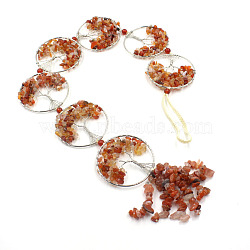 Wire Wrapped Natural Carnelian Chip Tree of Life Pendant Decorations, Braided Thread Tassel Hanging Ornaments, 500mm(PW-WG70300-06)