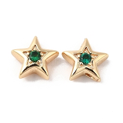 Brass with Cubic Zirconia Beads Beads, Real 18K Gold Plated, Star, Green, 7.5x8x3mm, Hole: 1mm(KK-K333-29G-01)