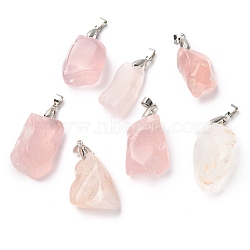 Natural Rose Quartz Pendants, with Platinum Tone Brass Snap on Bails, Nuggets, 32~41x15~23x11~19mm, Hole: 6.5x4mm(G-H259-07P)