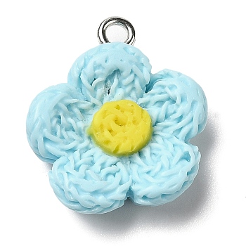 Opaque Resin Pendants, Flower Charms with Platinum Plated Iron Loops, Sky Blue, 20x18x6mm, Hole: 2mm