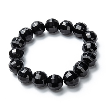Glass Beads Stretch Bracelets, Faceted, Round, Black, Beads: 12mm, Inner Diameter: 1-7/8 inch(4.9cm)