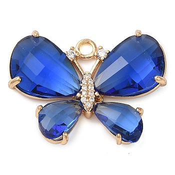 Rack Plating Brass Clear Cubic Zirconia Pendants, with Glass, Lead Free & Cadmium Free, Long-Lasting Plated, Butterfly, Real 14K Gold Plated, Royal Blue, 22x29x5mm, Hole: 2mm