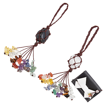 WADORN 2Pcs 2 Styles Gemstone Pendant Decoration with Gemstone Chip Tassel and Nylon Thread, Car Rear View Mirror Hanging Ornament, 141.5~146.5mm, 1pc/style