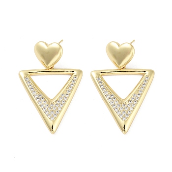 Rack Plating Brass Micro Pave Cubic Zirconia Studs Earrings, Dangle Earrings for Women, Long-Lasting Plated, Lead Free & Cadmium Free, Real 18K Gold Plated, Triangle, 40.5x26.5mm