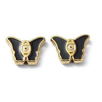 Ion Plating(IP) 304 Stainless Steel Enamel Beads, Real 18K Gold Plated, Butterfly, Black, 10x13.5x3.5mm, Hole: 1.4mm