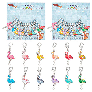 Flamingo Stitch Markers, Alloy Enamel Crochet Lobster Clasp Charms, Locking Stitch Marker with Wine Glass Charm Ring, Mixed Color, 4.7cm, 12 colors, 1pc/color, 12pcs/set