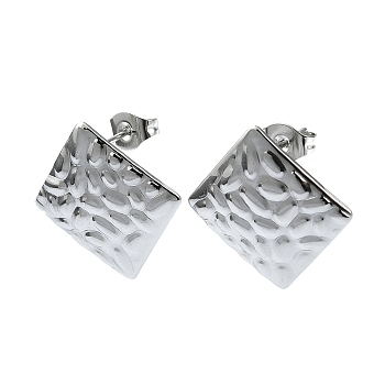201 Stainless Steel Stud Earrings, with 304 Stainless Steel Pins, Textured Rhombus, Stainless Steel Color, 20x20mm