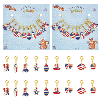 American Flag Style Pendant Stitch Markers, Alloy Enamel Crochet Lobster Clasp Charms, Locking Stitch Marker with Wine Glass Charm Ring, Mixed Shapes, Mixed Color, 2.5~3cm, 9 style, 1pc/style, 9pcs/set