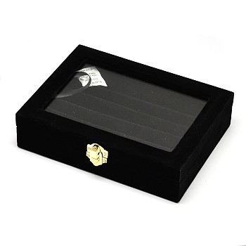 Wooden Rectangle Ring Boxes, Covered with Velvet, with Glass and Iron Clasps, Black, 20.2x15.1x4.9cm