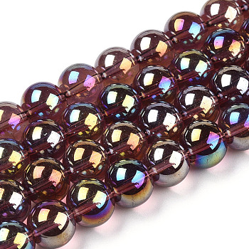 Electroplate Transparent Glass Beads Strands, AB Color Plated, Round, Coconut Brown, 9.5~10mm, Hole: 1.5mm, about 40~42pcs/strand, 14.76~15.12 inch(37.5~38.4cm)