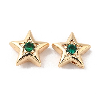 Brass with Cubic Zirconia Beads Beads, Real 18K Gold Plated, Star, Green, 7.5x8x3mm, Hole: 1mm