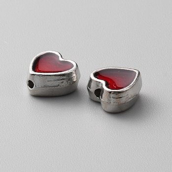 Alloy Enamel Beads, Platinum, Heart, Dark Red, 8x8.5x4mm, Hole: 1.6mm