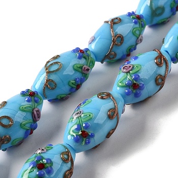 Handmade Lampwork Beads, Rice wit Flower, Deep Sky Blue, 23x12~13mm, Hole: 1.6mm