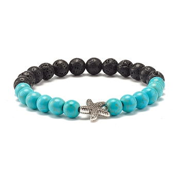 Round Synthetic Turquoise & Natural Lava Rock Stretch Bracelet, Oil Diffuser Power Stone Bracelet with Starfish Beads for Women, Starfish Pattern, Inner Diameter: 2-1/4 inch(5.6cm)