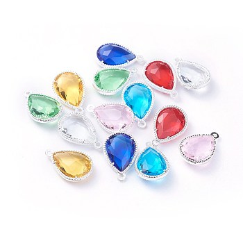 Glass Pendants, with Eco-Friendly Alloy Open Back Berzel Findings, Faceted, teardrop, Silver Color Plated, Mixed Color, 18x12x5mm, Hole: 1.4mm