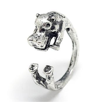 Adjustable Alloy Cuff Finger Rings, Hippopotamus, Size 6, Antique Silver, 16mm