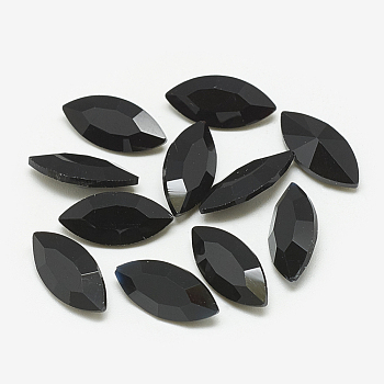 Pointed Back Glass Rhinestone Cabochons, Faceted, Horse Eye, Jet, 12x6x3.5mm