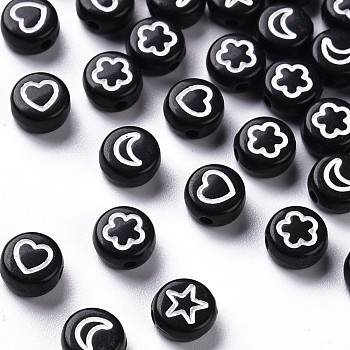 Opaque Acrylic Beads, Flat Round with White Heart & Flower & Moon & Star, Black, 7x4mm, Hole: 1.6mm