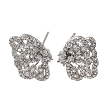 Rack Plating Brass Micro Pave Cubic Zirconia Studs Earrings, Long-Lasting Plated, Lead Free & Cadmium Free, Butterfly, Platinum, 22.5x15mm