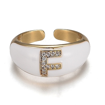 Brass Micro Pave Clear Cubic Zirconia Cuff Rings, Open Rings, with Enamel, Cadmium Free & Lead Free, Golden, Letter.F, US Size 7 1/4, Inner Diameter: 17.6mm