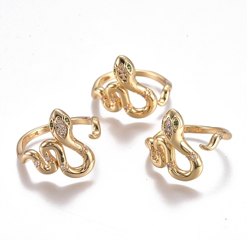 Brass Micro Pave Cubic Zirconia Cuff Rings, Open Rings, Long-Lasting Plated, Snake, Golden, Size 7, Inner Diameter: 17mm