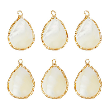 6Pcs Natural White Shell Pendants, Copper Wire Wrapped Teardrop Charms, Real 14K Gold Plated, 26~26.5x16.5~17x4.5~5mm, Hole: 1.6mm