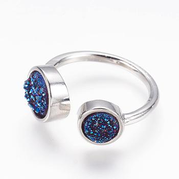 Natural Druzy Agate Cuff Rings, Open Rings, with Real Platinum Plated Brass Findings, Dyed, Size 8, Blue, 18mm