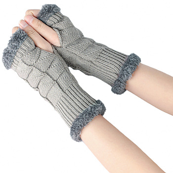 Acrylic Fiber Yarn Knitting Fingerless Gloves, Fluffy Edge Winter Warm Gloves with Thumb Hole, Dark Gray, 195x85~95mm