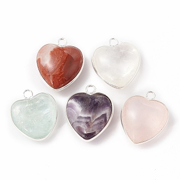 Natural Mixed Stone Pendants, with Silver Color Plated Brass Findings, Heart Charms, 18~19x15~17x7~10mm, Hole: 2mm