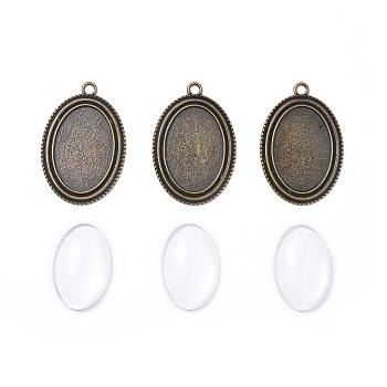 DIY Pendant Making, with Tibetan Style Alloy Pendant Cabochon Settings and Transparent Oval Glass Cabochons, Antique Bronze, Cabochons: 30x20x6mm, 1pc/set, Settings: 44x30x2mm, hole: 3mm, 1pc/set