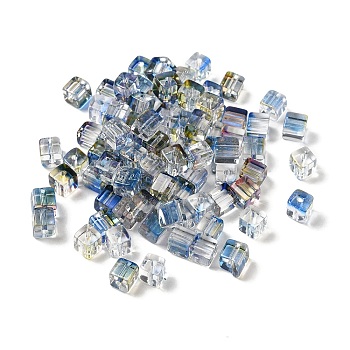 Two Tone Transparent Glass Beads, Cube, Steel Blue, 6x6x7mm, Hole: 1.4mm, about 500pcs/bag