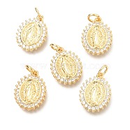 Brass Micro Pave Clear Cubic Zirconia Pendants, with Jump Rings, Flat Round with Jesus, Real 18K Gold Plated, 16x12x2.5mm, Hole: 3.2mm(ZIRC-O036-34G)