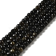 Natural Golden Sheen Obsidian Beads Strands, Round, Faceted, 4mm, Hole: 1mm, about 90~93pcs/strand, 13.58''~14.57''(34.5~37cm)(G-P476-01A-04)