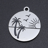 Non-Tarnish 201 Stainless Steel Etched Pendants, Flat Round with Coconut Tree, Beach, Stainless Steel Color, 22x19x1.5mm, Hole: 1.8mm(STAS-N090-JN797)