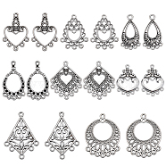 48Pcs 8 Style Tibetan Style Alloy Chandelier Component Links, Kite/Heart/Rhombus, Antique Silver, 26.5~39x15.5~29x1~2.5mm, Hole: 1.2~2.5mm, 6pcs/style(TIBE-SC0009-26)