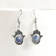 Natural Crystal Stone Hamsa Hand & Round Dangle Earrings, Handmade Sweet Ear Jewelry, Platinum, Blue(UB8598-8)