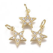 Brass Micro Pave Cubic Zirconia Charms, with Jump Ring, Long-Lasting Plated, Pentagram Star, Clear, Real 18K Gold Plated, 12x10x2mm, Hole: 3mm(X-ZIRC-F111-11G)