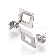 304 Stainless Steel Stud Earring Findings for Dangle Charms, Rhombus, Stainless Steel Color, Rhombus: 13.5x13.5mm, Hole: 1.2mm, Pin: 0.7mm, Side Length: 10mm(STAS-L216-06A-P)