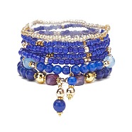 7Pcs 7 Style Natural & Synthetic Mixed Gemstone & Glass Seed Beaded Stretch Bracelets Set, Brass Bowknot Charms Stackable Bracelets for Women, Blue, Inner Diameter: 2~2-1/8 inch(5.15~5.5cm), 1Pc/style(BJEW-JB08892-04)