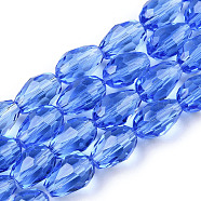 Glass Beads Strands, Faceted, teardrop, Royal Blue, 11x8mm, Hole: 1mm, about 57~59pcs/strand, 26.38~26.77 inch(X-GLAA-R024-11x8mm-8)
