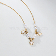 Imitation Pearl Beaded Star Pendant Necklaces, Stainless Steel Necklaces with Cable Chains, Real 18K Gold Plated, 15.75 inch(40cm)(ID0009)