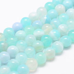 Natural Striped Agate/Banded Agate Bead Strands, Round, Dyed & Heated, Aquamarine, 8mm, Hole: 1mm, about 47~48pcs/strand, 14.5 inch(X-G-K155-A-8mm-04)
