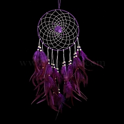 Woven Net/Web with Feather Hanging Ornaments, for Home Living Room Bedroom Decor, with Wood Beads, Purple, 500x200mm(PW-WG0DA7B-01)