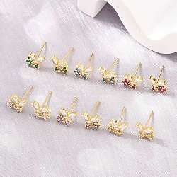 Brass Micro Pave Cubic Zirconia Stud Earrings for Women, Butterfly, Cadmium Free & Lead Free, Long-Lasting Plated, Rack Plating, Real 18K Gold Plated, Mixed Color, 7.5x8mm(KK-A305-07G)