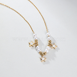 Imitation Pearl Beaded Star Pendant Necklaces, Stainless Steel Necklaces with Cable Chains, Real 18K Gold Plated, 15.75 inch(40cm)(ID0009)