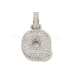 Brass Micro Pave Clear Cubic Zirconia Pendants, Platinum, Letter Q, 31x19x5mm, Hole: 3x6mm(KK-B099-01P-Q)