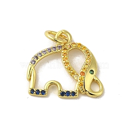 Real 18K Gold Plated Brass Pave Cubic Zirconia Pendants, with Jump Rings, Elephant, Colorful, 15x16x2mm, Hole: 3mm(KK-M283-02C-02)