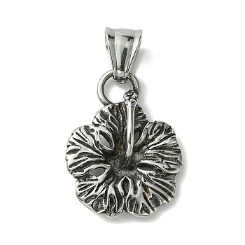 304 Stainless Steel Pendants, Flower Charms, Antique Silver, 26x20x3.5mm, Hole: 8x5mm