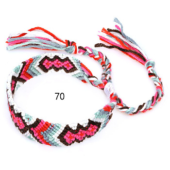 Cotton Braided Rhombus Pattern Cord Bracelet, Ethnic Tribal Adjustable Brazilian Bracelet for Women, Fuchsia, 5-7/8~14-1/8 inch(15~36cm)